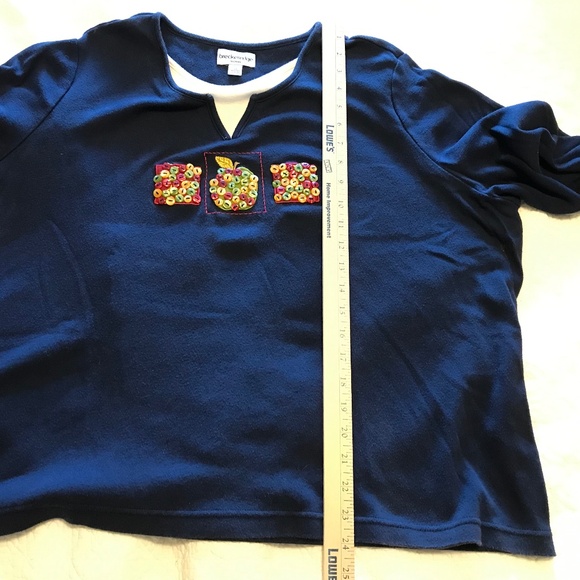 Breckenridge fall-themed long sleeved blue top with button apple design (2X) - Picture 8 of 16